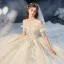 Chic / Belle Champagne La Mariée Robe De Mariée 2020 Robe Boule De l'épaule Manches Courtes Dos Nu Appliques En Dentelle Perlage Gland Cathedral Train Volants