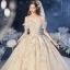 Chic / Belle Champagne La Mariée Robe De Mariée 2020 Robe Boule De l'épaule Manches Courtes Dos Nu Appliques En Dentelle Perlage Gland Cathedral Train Volants