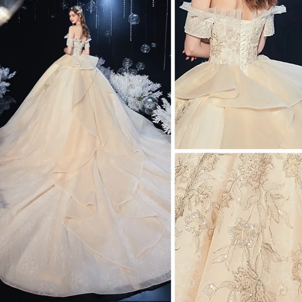 Chic / Belle Champagne La Mariée Robe De Mariée 2020 Robe Boule De l'épaule Manches Courtes Dos Nu Appliques En Dentelle Perlage Gland Cathedral Train Volants
