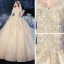 Chic / Belle Champagne La Mariée Robe De Mariée 2020 Robe Boule De l'épaule Manches Courtes Dos Nu Appliques En Dentelle Perlage Gland Cathedral Train Volants