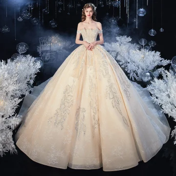 Chic Beautiful Champagne Bridal Wedding Dresses 2020 Ball Gown Off The Shoulder Short Sleeve Backless Appliques Lace Beading Pearl Sequins Cathedral Train
