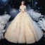 Chic / Belle Champagne La Mariée Robe De Mariée 2020 Robe Boule De l'épaule Manches Courtes Dos Nu Appliques En Dentelle Perlage Perle Paillettes Cathedral Train