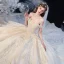 Chic / Belle Champagne La Mariée Robe De Mariée 2020 Robe Boule De l'épaule Manches Courtes Dos Nu Appliques En Dentelle Perlage Perle Paillettes Cathedral Train
