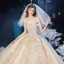 Chic / Belle Champagne La Mariée Robe De Mariée 2020 Robe Boule De l'épaule Manches Courtes Dos Nu Appliques En Dentelle Perlage Perle Paillettes Cathedral Train