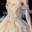 Chic / Belle Champagne La Mariée Robe De Mariée 2020 Robe Boule De l'épaule Manches Courtes Dos Nu Appliques En Dentelle Perlage Perle Paillettes Cathedral Train
