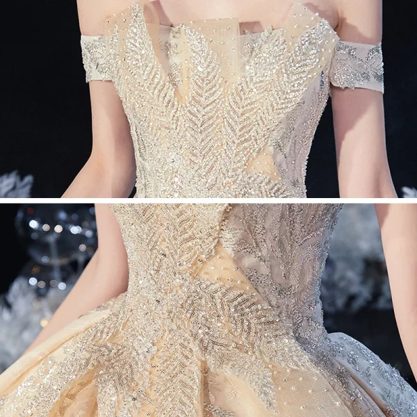 Chic / Belle Champagne La Mariée Robe De Mariée 2020 Robe Boule De l'épaule Manches Courtes Dos Nu Appliques En Dentelle Perlage Perle Paillettes Cathedral Train