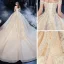 Chic / Belle Champagne La Mariée Robe De Mariée 2020 Robe Boule De l'épaule Manches Courtes Dos Nu Appliques En Dentelle Perlage Perle Paillettes Cathedral Train