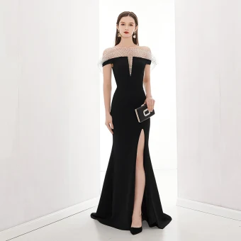 Mode Noire Robe De Soirée 2020 Trompette Sirène De L 039 Épaule Manches Courtes Tachetée Tulle Fendue Devant Train De Balayage Dos Nu Robe De Ceremonie