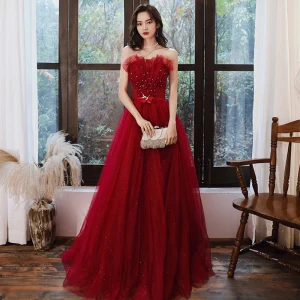 Élégant Rouge Robe De Soirée 2020 Princesse Bustier Sans Manches Perlage Perle Faux Diamant Glitter Tulle Fleur Ceinture Longue Dos Nu