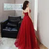 Elegant Red Evening Dresses  2020 A-Line / Princess Strapless Sleeveless Beading Pearl Rhinestone Glitter Tulle Flower Sash Floor-Length / Long Backless