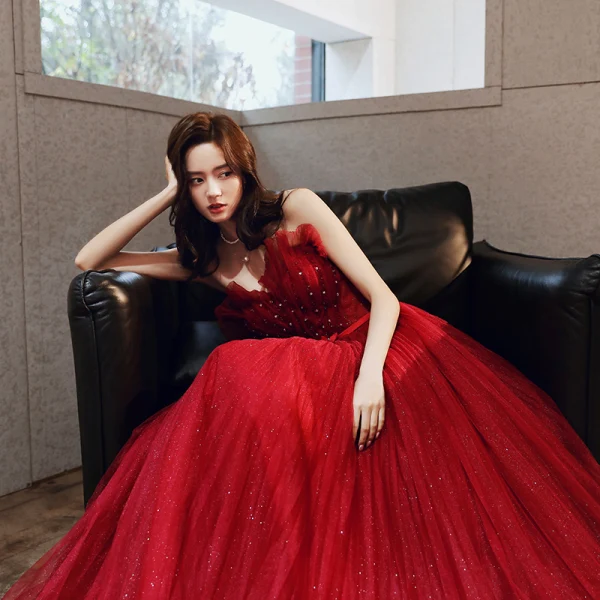 Elegant Red Evening Dresses  2020 A-Line / Princess Strapless Sleeveless Beading Pearl Rhinestone Glitter Tulle Flower Sash Floor-Length / Long Backless