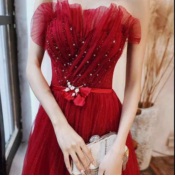 Elegant Red Evening Dresses  2020 A-Line / Princess Strapless Sleeveless Beading Pearl Rhinestone Glitter Tulle Flower Sash Floor-Length / Long Backless
