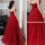 Elegant Red Evening Dresses  2020 A-Line / Princess Strapless Sleeveless Beading Pearl Rhinestone Glitter Tulle Flower Sash Floor-Length / Long Backless
