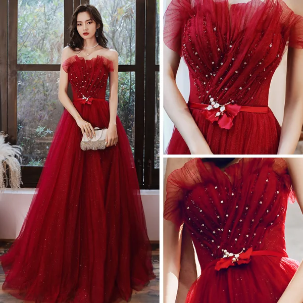 Elegant Red Evening Dresses  2020 A-Line / Princess Strapless Sleeveless Beading Pearl Rhinestone Glitter Tulle Flower Sash Floor-Length / Long Backless