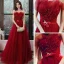 Elegant Red Evening Dresses  2020 A-Line / Princess Strapless Sleeveless Beading Pearl Rhinestone Glitter Tulle Flower Sash Floor-Length / Long Backless