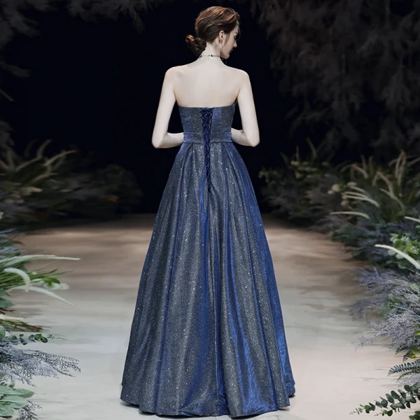 Stjernehimmelen Mørk Marineblå Selskapskjoler 2020 Prinsesse Kjæreste Uten Ermer Glitter Polyester Sash Lange Buste Ryggløse Formelle Kjoler