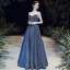 Stjernehimmelen Mørk Marineblå Selskapskjoler 2020 Prinsesse Kjæreste Uten Ermer Glitter Polyester Sash Lange Buste Ryggløse Formelle Kjoler