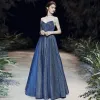 Starry Sky Navy Blue Evening Dresses  2020 A-Line / Princess Sweetheart Sleeveless Glitter Polyester Sash Floor-Length / Long Ruffle Backless Formal Dresses
