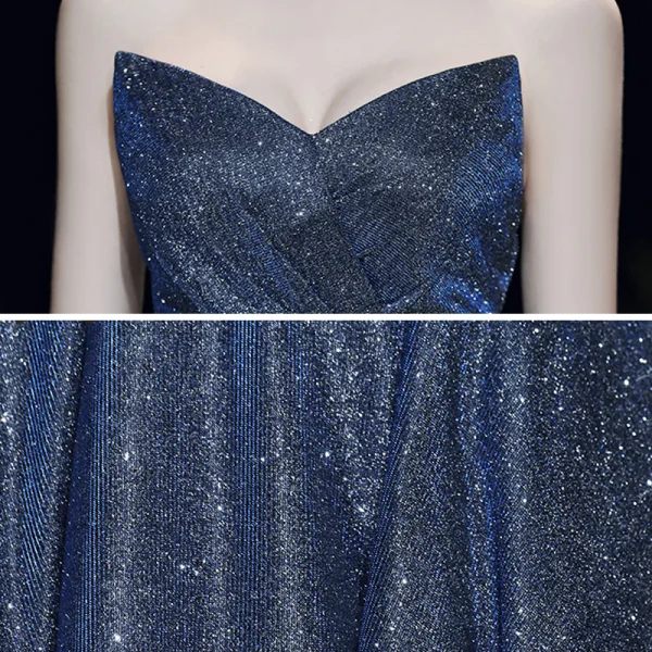 Stjernehimmelen Mørk Marineblå Selskapskjoler 2020 Prinsesse Kjæreste Uten Ermer Glitter Polyester Sash Lange Buste Ryggløse Formelle Kjoler