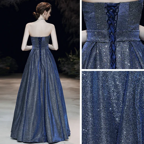 Stjernehimmelen Mørk Marineblå Selskapskjoler 2020 Prinsesse Kjæreste Uten Ermer Glitter Polyester Sash Lange Buste Ryggløse Formelle Kjoler