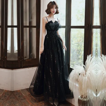 Chic Belle Noire Robe De Soirée Avec Châle 2020 Princesse Bretelles Spaghetti Sans Manches Appliques Fleur Perlage Faux Diamant Paillettes Tulle Longue Volants