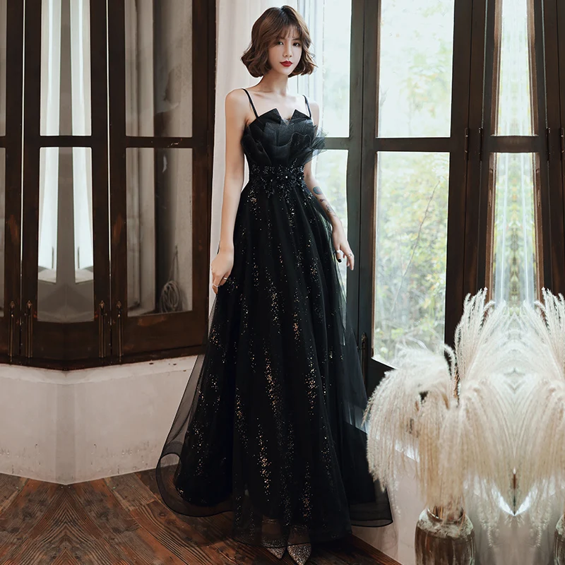 Chic Beautiful Black Evening Dresses With Shawl 2020 A-Line Princess Spaghetti Straps Chic Beautiful Black Evening Dresses With Shawl 2020 A-Line Princess Spaghetti Straps