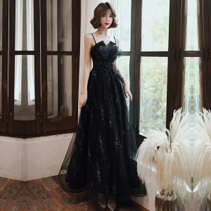 Chic Beautiful Black Evening Dresses With Shawl 2020 A Line Princess Spaghetti Straps Sleeveless Appliques Flower Beading Rhinestone Sequins Tulle Floor Length Long Ruffle