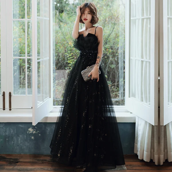 Chic / Beautiful Black Evening Dresses With Shawl 2020 A-Line / Princess Spaghetti Straps Sleeveless Appliques Flower Beading Rhinestone Sequins Tulle Floor-Length / Long Ruffle