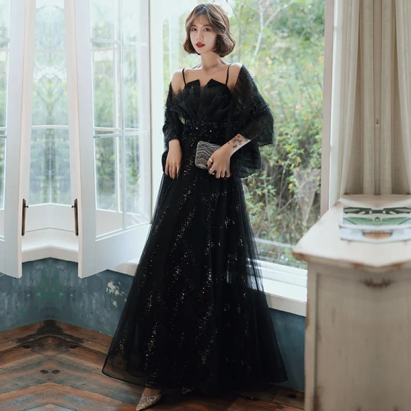 Chic / Beautiful Black Evening Dresses With Shawl 2020 A-Line / Princess Spaghetti Straps Sleeveless Appliques Flower Beading Rhinestone Sequins Tulle Floor-Length / Long Ruffle