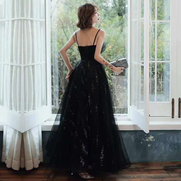 Chic / Beautiful Black Evening Dresses With Shawl 2020 A-Line / Princess Spaghetti Straps Sleeveless Appliques Flower Beading Rhinestone Sequins Tulle Floor-Length / Long Ruffle