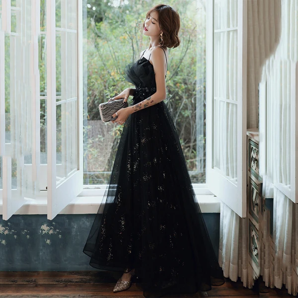 Chic / Beautiful Black Evening Dresses With Shawl 2020 A-Line / Princess Spaghetti Straps Sleeveless Appliques Flower Beading Rhinestone Sequins Tulle Floor-Length / Long Ruffle