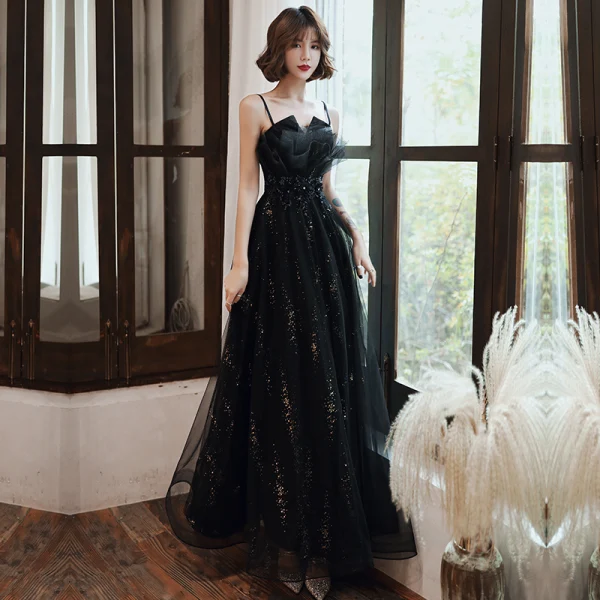 Chic / Beautiful Black Evening Dresses With Shawl 2020 A-Line / Princess Spaghetti Straps Sleeveless Appliques Flower Beading Rhinestone Sequins Tulle Floor-Length / Long Ruffle