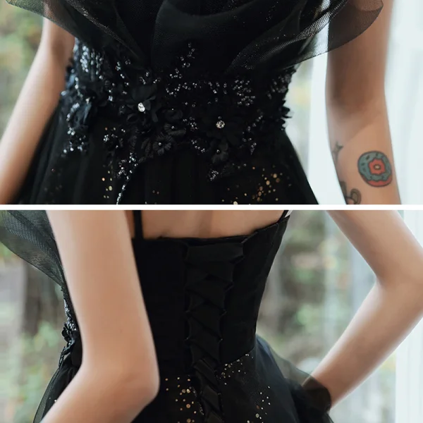 Chic / Beautiful Black Evening Dresses With Shawl 2020 A-Line / Princess Spaghetti Straps Sleeveless Appliques Flower Beading Rhinestone Sequins Tulle Floor-Length / Long Ruffle