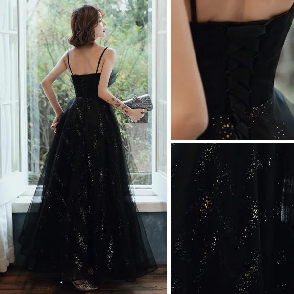 Chic / Beautiful Black Evening Dresses With Shawl 2020 A-Line / Princess Spaghetti Straps Sleeveless Appliques Flower Beading Rhinestone Sequins Tulle Floor-Length / Long Ruffle