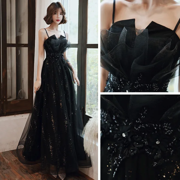 Chic / Beautiful Black Evening Dresses With Shawl 2020 A-Line / Princess Spaghetti Straps Sleeveless Appliques Flower Beading Rhinestone Sequins Tulle Floor-Length / Long Ruffle