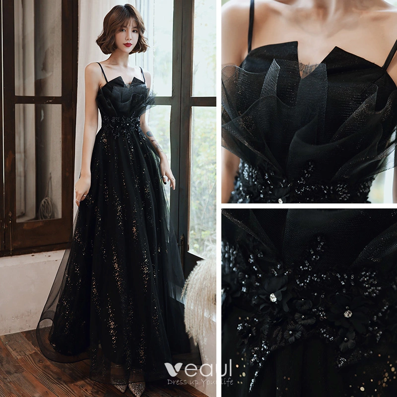 Black Strapless Sequin A-Line Dress with Shawl