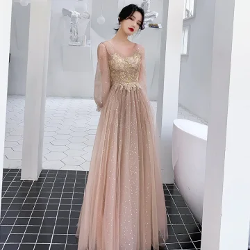 Style Victorien Champagne Robe De Soirée 2020 Princesse V Cou Gonflée Manches Longues Étoile Paillettes Appliques Perlage Longue Volants Dos Nu Robe De Ceremonie