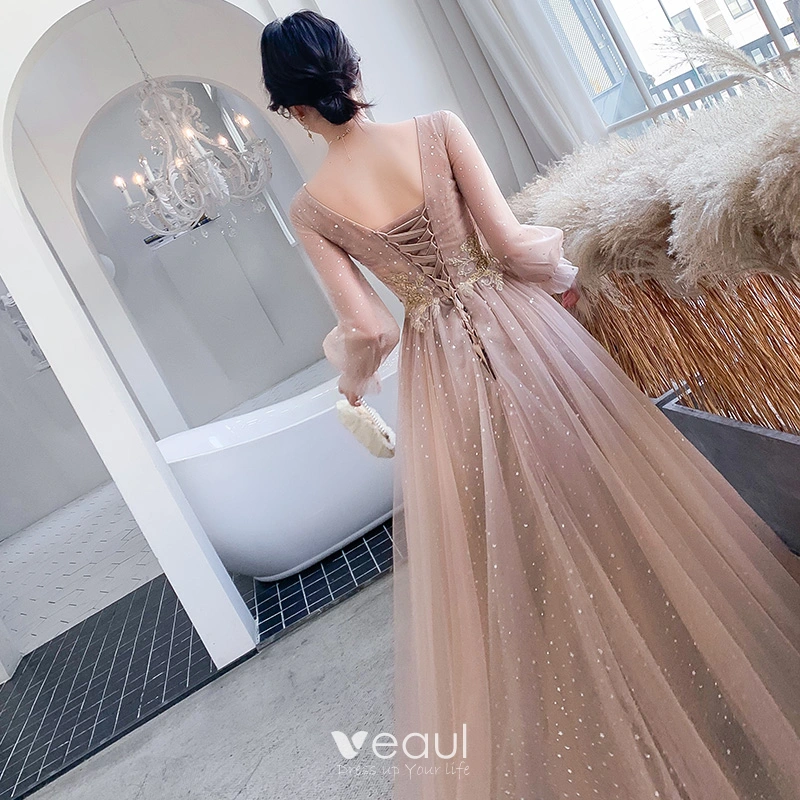 Victorian Style Champagne Evening Dresses 2020 A-Line / Princess V-Neck Puffy Long Sleeve Star Sequins Appliques Beading Floor-Length / Long Ruffle