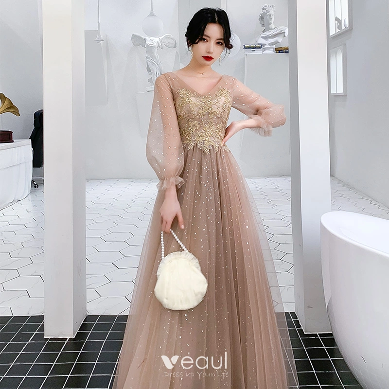 Victorian Style Champagne Evening Dresses 2020 A-Line / Princess V-Neck Puffy Long Sleeve Star Sequins Appliques Beading Floor-Length / Long Ruffle Victorian Style Champagne Evening Dresses 2020 A-Line / Princess V-Neck Puffy Long Sleeve Star Sequins Appliques Beading Floor-Length / Long Ruffle
