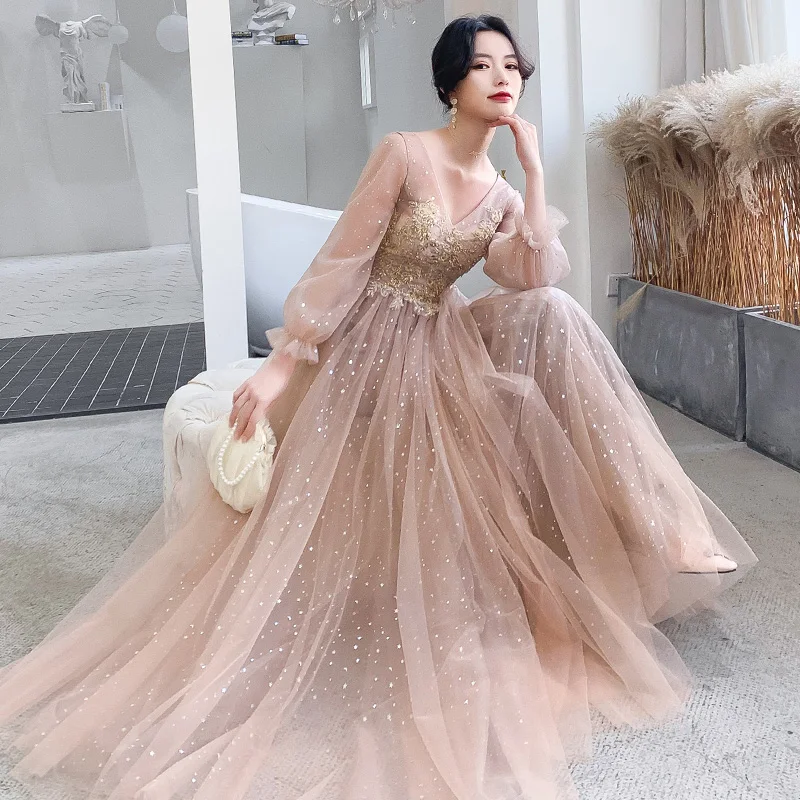 Victorian Style Champagne Evening Dresses 2020 A Line Princess V Neck Puffy  Long Sleeve Star Sequins Appliques Beading Floor Length Long Ruffle  Backless Formal Dresses