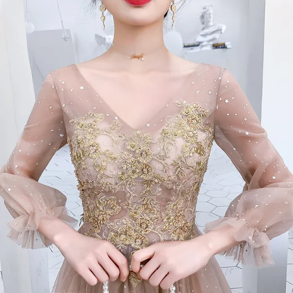 Victoriaanse stijl Champagne Avondjurken 2020 A lijn V-Hals Gezwollen Lange Mouwen Ster Pailletten Appliques Kralen Lange Ruche Ruglooze Gelegenheid Jurken