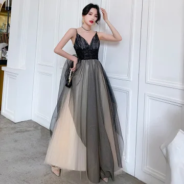 Chic Beautiful Black Evening Dresses 2020 A Line Princess Spaghetti Straps Sleeveless Glitter Tulle Floor Length Long Ruffle Backless Formal Dresses