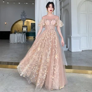 Illusion Champagne Transparentes Robe De Soirée 2020 Princesse Encolure Dégagée Manches Courtes Appliques Étoile Paillettes Longue Volants Robe De Ceremonie