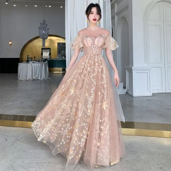 Illusion Champagne See Through Evening Dresses 2020 A Line Princess Scoop Neck Short Sleeve Appliques Star Sequins Floor Length Long Ruffle Formal Dresses