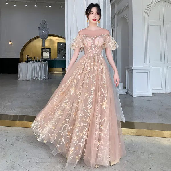 Illusion Champagne See-through Evening Dresses  2020 A-Line / Princess Scoop Neck Short Sleeve Appliques Star Sequins Floor-Length / Long Ruffle Formal Dresses