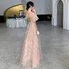 Illusion Champagne See-through Evening Dresses  2020 A-Line / Princess Scoop Neck Short Sleeve Appliques Star Sequins Floor-Length / Long Ruffle Formal Dresses