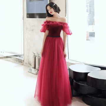Chic Beautiful Red Evening Dresses 2020 A Line Princess Off The Shoulder Puffy Short Sleeve Glitter Tulle Sash Floor Length Long Ruffle Backless Formal Dresses