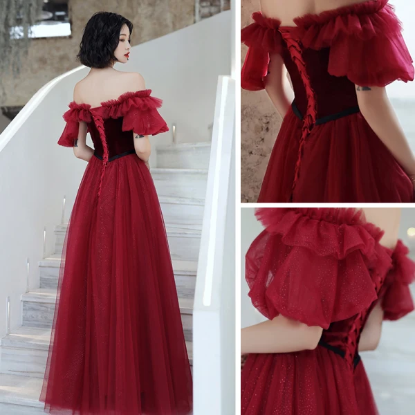 Schöne Rot Abendkleider 2020 A Linie Off Shoulder Geschwollenes Kurze Ärmel Glanz Tülle Stoffgürtel Lange Rüschen Rückenfreies Festliche Kleider