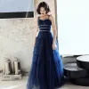 Elegant Royal Blue Evening Dresses  2020 A-Line / Princess Spaghetti Straps Sleeveless Sequins Glitter Tulle Floor-Length / Long Ruffle Backless Formal Dresses