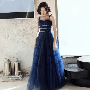 Élégant Bleu Roi Robe De Soirée 2020 Princesse Bretelles Spaghetti Sans Manches Paillettes Glitter Tulle Longue Volants Dos Nu Robe De Ceremonie
